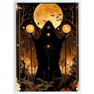 Vintage Halloween Witch with Moonlit Staffs Photochrome Postcard 5.5x4"